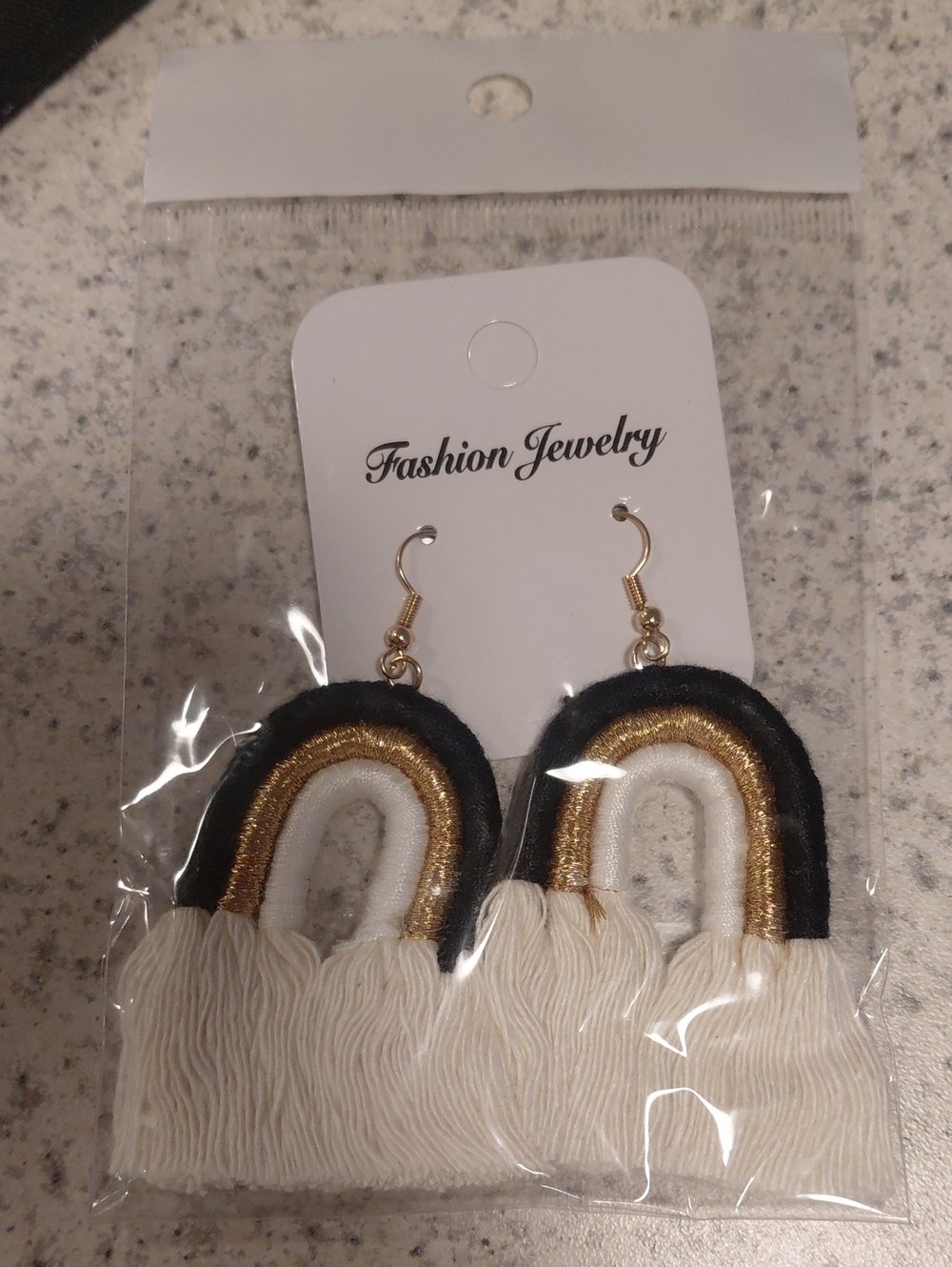 Fashion Jewelry Black, Gold & Cream Fringe Rainbow Earrings